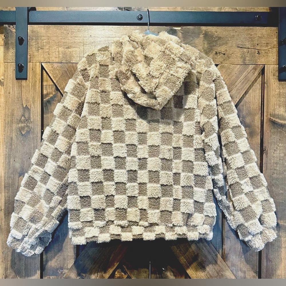 NWT BiBi Cozy Mocha Checkered Sherpa Hooded Jacket - Picture 12 of 16